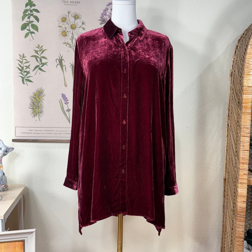 Eileen Fisher Red Velvet Silk Blend Band Collar Button Up Tunic Top Shirt S